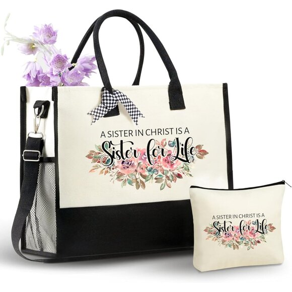 Sister in Christ Canvas Tote Bag Women with Zipper & Shoulder Strap